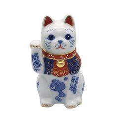 E-4 招き猫 置物 オブジェ 染付 寿 ヴィンテージ 古道具 アンティーク 