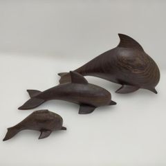 木彫りイルカオブジェ3体セット 木製ドルフィン置物 海モチーフ 