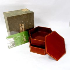 茶道具　青漆　一閑　八角　二段食篭　菓子器　木村表哲　共箱　漆芸　喰籠　茶会 y094 一閑塗 青漆爪紅 八角 喰籠 亀甲 菓子器 蓋物 食篭 喰篭 茶道具