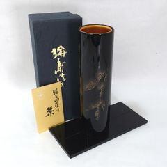 華道 天然木 花瓶 花器 輪島塗 蒔絵 夫婦鶴 金彩 漆器 25.5cm 黒