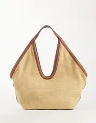 マンゴ レディース バッグ Mango woven shoulder bag with brown trim BROWN ブラウンのサムネイル