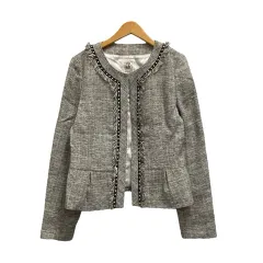 ミッシェルクラン MICHEL KLEIN ノーカラージャケット 長袖 クルーネック 総柄 ラメ FKJDJ-04190 38 グレー 黒 ブラック 白 ホワイト レディースのサムネイル