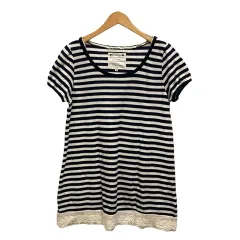 ソリデル Sorridere Tシャツ カットソー フレア クルーネック レース ボーダー 半袖 M 紺 ネイビー 白 ホワイト レディースのサムネイル