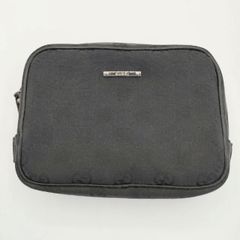 美品】 GUCCI レザー×キャンバス ポーチ GG総柄 プレート ブラック