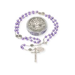 Nazareth Store Glass Pearl Communion Rosary Beads 8mm, with Patron Father Beads, St. Michael Medal, and Chalice Centerpiece, Glass Pearl, No Gemstones [Purple]