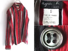 希少 フランス製 90sビンテージ agnes b. アニエスベー コットン 楊柳 皺加工 ストライプシャツ ブラウス 1 レッド ブラック 赤黒のサムネイル