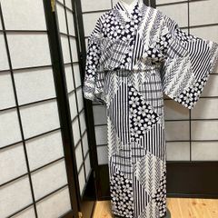 黄色グラデはちす帯つき□最高級しじら織浴衣 麻の葉黒□反物染め抜き