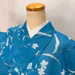 6k1041 着物 袷 小紋 青 銀色 花柄 和装 - メルカリ