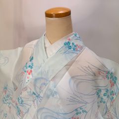洗える着物 単衣 夏物 小紋 絽 ブルーグレー 身丈159 裄丈65 木々 花柄