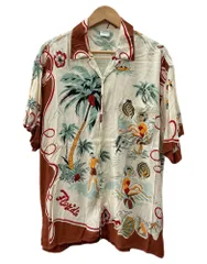 ベネトン BENETTON Aloha Shirt アロハ シャツ ボタンアップ オープンカラー フロリダ柄 半袖 開襟 薄茶 半袖シャツ 総柄 ベージュ Sサイズ 104MT-3309のサムネイル