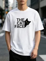 「THE CAT FACE」覗き見黒猫英字プリント T シャツ - 100%コットン ラウンド半袖、日常カジュアル、シンプルモノクロデザイン、猫好き向けデイリーウェア、送料込 メンズ レディース、男女兼用