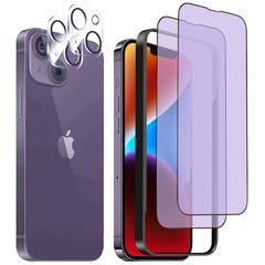 DZHFU iPhone 14용 블루 라이트 컷 강화 유리 필름 6.1 인치 매끄러운 터치 조작 지문 부착 방지 자동 흡착 비산 방지 기포 방지 전면 보호 필름 가이드 프레임 첨부 붙이는 것은 간단[강화 유리 필름 2장들이+렌즈 보호 필름 2장들이
