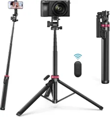ULANZI MT-78 伸縮式携帯電話三脚、金属製73インチ 自撮り棒カメラ三脚スタンド 2イン1電話クリップ付き、360°ボールヘッドカメラ三脚 コールドシュー付き iPhone 17 Sony Canon用 軽量 旅行用のサムネイル