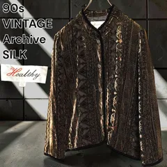90s HEALTHY VINTAGE Archive 極上 シルク ベルベット チャイナ ジャケット 総柄 唐草 オパール シースルー 透け感 ベロア ブラック ゴールド スタンドカラー チャイナボタン 絹 100% velvet china LLサイズのサムネイル