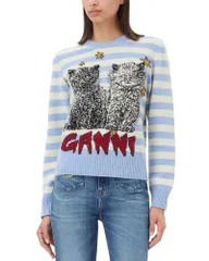 ガニー レディース アウター ニット・セーター グラフィック GANNI Striped Graphic Sweater Illusion Blue ブルーのサムネイル