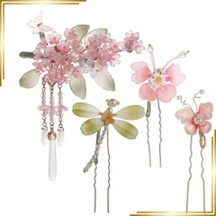 【新品】 4点セット 髪飾り 花 胡蝶 トンボ 袴 髪飾り Uピン 振袖 和装 着物 浴衣 髪かざり かわいい 桜 かんざし 卒業式 入学式 卒園式 結婚式 成人式 漢服 造花 ヘアアクセサリー (【4点セット】ピンク系) 1