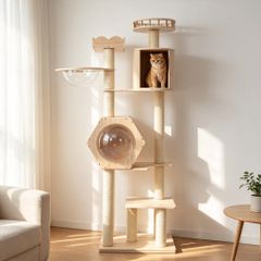即決】猫タワー 木製 キャットツリー 宇宙船型ハウス 隠れ家2つ 