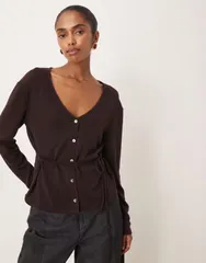 マンゴ レディース アウター カーディガン Mango belted fine cardigan in chocolate Chocolate チョコレートのサムネイル