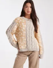 エイソス レディース アウター ニット・セーター セーター ニット ASOS DESIGN sweater in cable knit and animal mix Oatmeal オートミールのサムネイル
