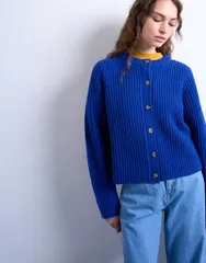 トップショップ レディース アウター カーディガン リブ ニット Topshop knit ribbed crew relaxed button cardigan Blue ブルーのサムネイル