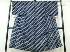大人夏着物単品縦縞柄水色白紺色ネイビーホワイト単衣洗える着物夏物