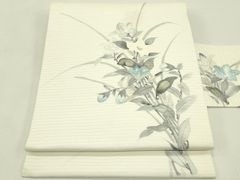 名古屋帯】夏帯 絽塩瀬 洗える 白色系 卯の花色に水色の菖蒲 薄物 盛夏 