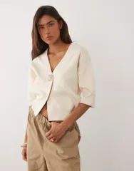マンゴ レディース アウター カーディガン ニット Mango compact knit short sleeve cardigan with statement sunshine button inのサムネイル