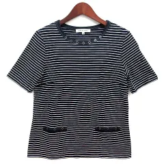 ハナエモリ HANAE MORI ケーブルステッチ ボーダー Tシャツ カットソー 半袖 ネイビー 紺 38のサムネイル