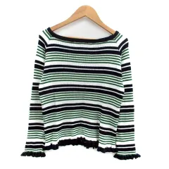 アフタヌーンティー Afternoon Tea WARDROBE リブニット カットソー ボートネック 長袖 ボーダー柄 フリル M マルチカラー 緑 グリーン /HO17のサムネイル