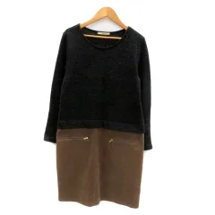 シェトワ Chez toi ドッキングワンピース ラウンドネック 長袖 ひざ丈 スエード調 F チャコールグレー 茶色 ブラウン /HO45のサムネイル