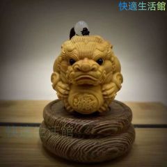 柘植木彫り 貔貅 ヒキュウ 神獣 置物 オブジェ 縁起物 開運 台座なし
