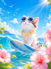 サーフィン猫の夏物語｜ハートサングラスの子猫｜ヒーリングアート｜海