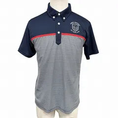 【中古】[印象AB] GREG NORMAN グレッグノーマン ポロシャツ ゴルフ メンズ M ネイビー 紺×赤×白 ポリエステル100% ボーダー柄 半袖 中国製 古着 左胸にサメと英字のロゴ刺繍 ボタンダウン ポケット無し、裾の両サイドにスリットのサムネイル