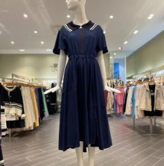 美品◇LEONARD シルク 切り替え トリム 花柄 ワンピース ロング L 紺