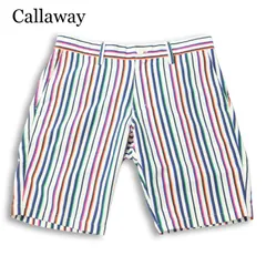 Callaway キャロウェイ ゴルフ 春夏★ ストレッチ ストライプ ロゴ刺繍 スラックス ハーフ ショート パンツ Sz.M メンズ 白のサムネイル