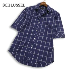 【美品】SCHLUSSEL シュリセル 春夏★ 半袖 ウィンドウペン チェック スリム シャツ 日本製 Sz.3 メンズ ネイビーのサムネイル