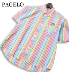 PAGELO パジェロ アンジェロ 春夏★ 半袖 ロゴ刺繍 マルチカラー ストライプ ボタンダウン シャツ Sz.L メンズのサムネイル