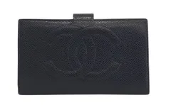 D3708◆ほぼ未使用【シャネル】キャビアスキン 2折 ガマ口長財布 ココマーク◆シール カード有 ブラック 黒