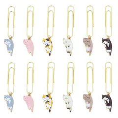 新品 CHENLONB ペーパークリップ エナメル猫付き 6種類 12個セット 金属製 可愛い ネコ型 ページクリップ ブックマーク 文房具 書類整理 付箋 メモ帳用