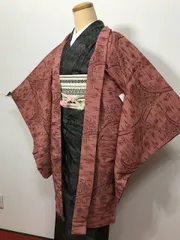 【中古】 Mサイズ 羽織 正絹 曙色地に華紋文様 長羽織 長丈 のサムネイル