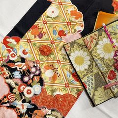 白黒赤金彩薔薇！モダン振り袖 誂え品フルセット 人気のクロコ袋帯 