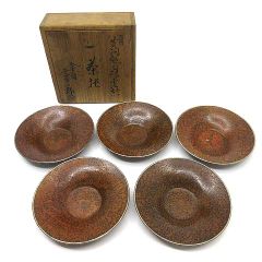 ○三清軒 零梅金銀象嵌雪月花茶托 五客 煎茶道具 唐金 本歌 内山大助
