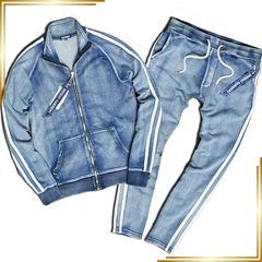 2本ラインカットデニムジャージセットアップ青M 伸縮素材 W15*16