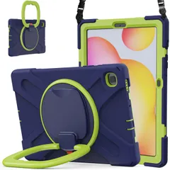 360度回転 Galaxy Tab S6 Lite ケース 縦置き 耐衝撃 頑丈 持ち手付き ショルダーベルト ストラップ付き Android タブレット ギャラクシー Tab S6 Lite 10.4インチ カバー 子供 キッズ アウトドア,ネイビー+黄緑のサムネイル