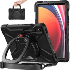 360度回転 Galaxy Tab S10 Lite / S10 FE / S9 FE 10.9インチ対応 ケース/Tab S9/S8/S7 11インチ用 カバー 縦置き 耐衝撃 頑丈 持ち手付き ショルダーベルト ストラップ付き 子供 キッズ アウトドア,黒のサムネイル