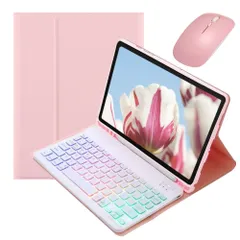 カラフルバックライト Galaxy Tab S9 FE+ 12.4インチ/Tab S10/S9+/S8+/S7+/S7 FE 12.4" キーボードケース マウス付き お洒落 可愛い バックライトキーボード ケース 分離式 女性 学生 ビジネス,ピンク+白のサムネイル