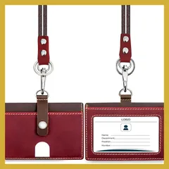 boshiho IDカードホルダー 横 本革 ネームホルダー 3枚 両面 カードケース 定期入れ 首かけ ネックストラップ付 パスケース キーリング付き キーホルダー 社員証ケース レディース メンズ おしゃれ バイカラー 名札ケース 通勤 通学 赤色 0のサムネイル