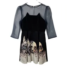  Sretsis スレトシス Cat&Skull ワンピース 胸元チュール切替異素材ミックス オオヤマネコ ドクロ ブラック サイズUS4【MAN1】のサムネイル