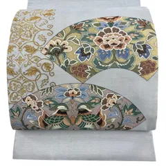 袋帯 名品 扇面 向かい鳥 金糸 綴れ 青灰色 お太鼓柄 正絹 【中古】