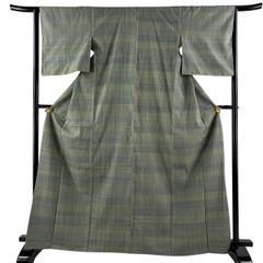 美品】 訪問着 身丈171.5cm 裄丈68.5cm L 袷 扇面 草花 金彩 灰緑 正絹 